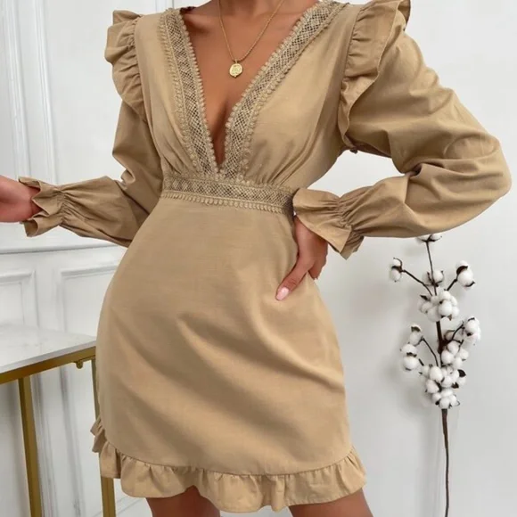 Classic Cream Plunging Neckline Lace Ruffle Sleeve Mini Dress - Picture 8 of 11